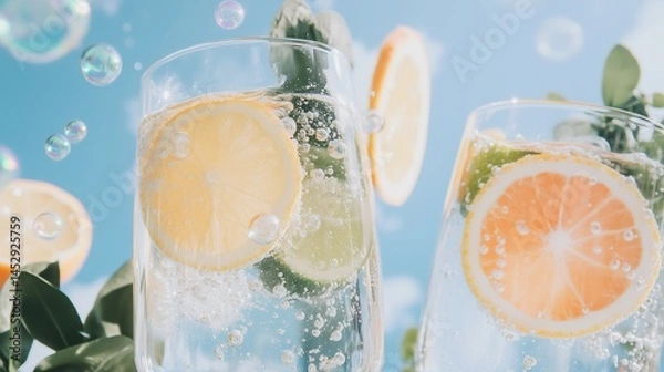 Obraz Refreshing summer drinks in clear glass cups