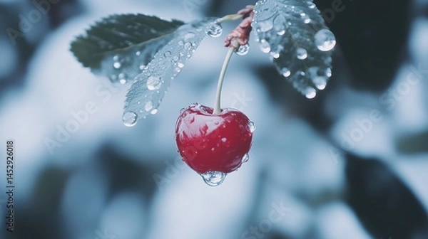Obraz The Red Cherry Surrounded By Water Droplets