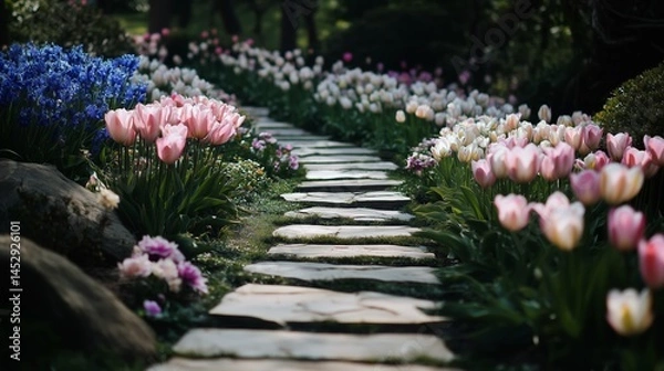Obraz Vibrant Tulip Pathway Through a Lush Spring Garden