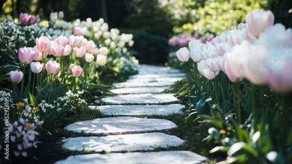 Obraz Vibrant Tulip Pathway Through a Lush Spring Garden