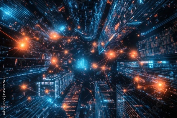Fototapeta A futuristic cityscape interconnected by glowing lines, representing a digital network and data flow.