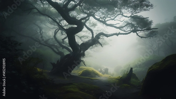 Fototapeta A mysterious tree surrounded by mist in a dense forest