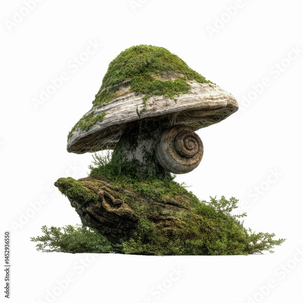 Fototapeta Mossy Mushroom with Snail Shell on Driftwood - Fantasy Nature Scene