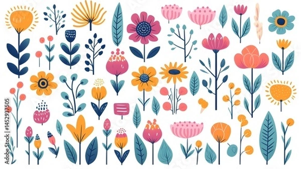 Fototapeta Vibrant Doodle Floral Elements Collection for Creative Projects