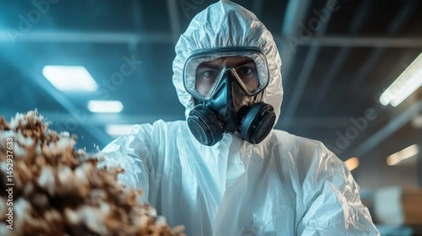 Fototapeta A hazmat worker in a full protective suit and mask meticulously sorts materials, embodying the critical safety measures taken in hazardous environments.