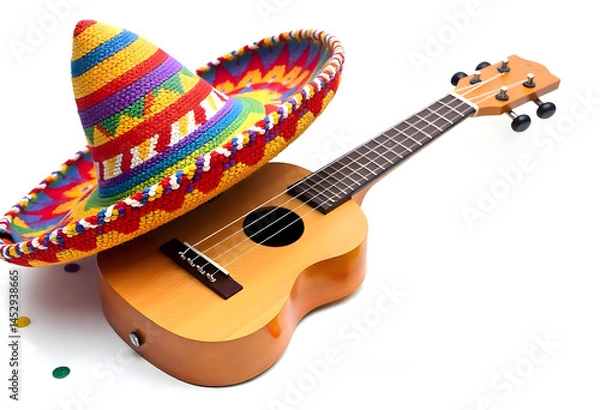 Fototapeta Sombrero and Guitar Duo on Colorful Fiesta Backdrop