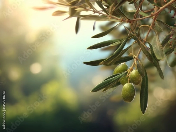 Fototapeta Serene Olive Branch with Green Olives and Leaves in Soft Sunlight on a Blurred Background Capturing the Essence of Mediterranean Tranquility with a Close Up View