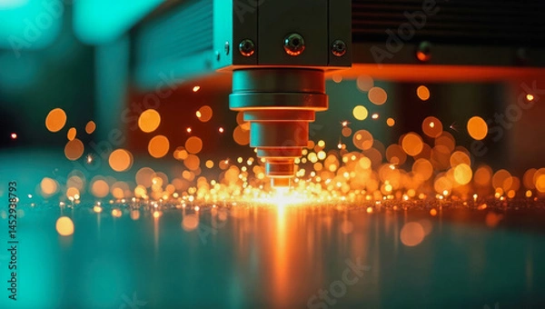 Obraz Laser cutting process creating sparks in a workshop during evening hours