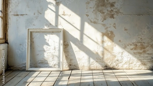Fototapeta Empty white frame against rustic white wall with light and shadow art old room home aged photo image
