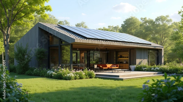 Fototapeta Modern Eco-Friendly House with Solar Panels in Nature, Generate AI