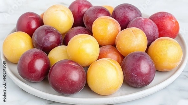Obraz A plate of various colored plums in a close-up view.