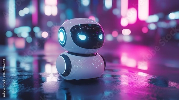 Fototapeta Neon City Bot: A futuristic, small white robot stands on a reflective surface in a vibrant neon-lit city at night. Its glowing blue eyes give it a captivating presence.