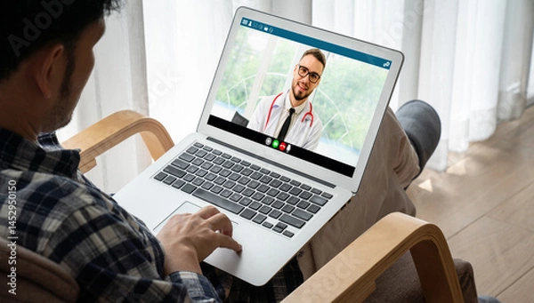 Fototapeta Doctor video call online by modish telemedicine software application for virtual meeting with patient