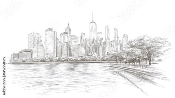 Obraz Cityscape sketch with skyscrapers and waterfront