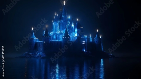 Fototapeta Blue illuminated futuristic castle surrounded by fog creating a mystical atmosphere image