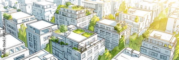 Fototapeta Architectural sketch illustration of modern city buildings with green rooftops and vegetation. Sustainable urban development, eco-city, green architecture concept.
