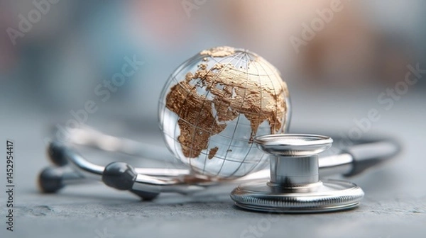 Fototapeta Global health sector focus with a stethoscope and a detailed globe representing worldwide medical care and health awareness in a contemporary setting