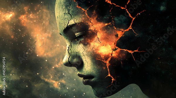 Fototapeta A surreal NFT-style portrait of a person with a fractured face, with glowing cracks revealing a cosmic nebula beneath