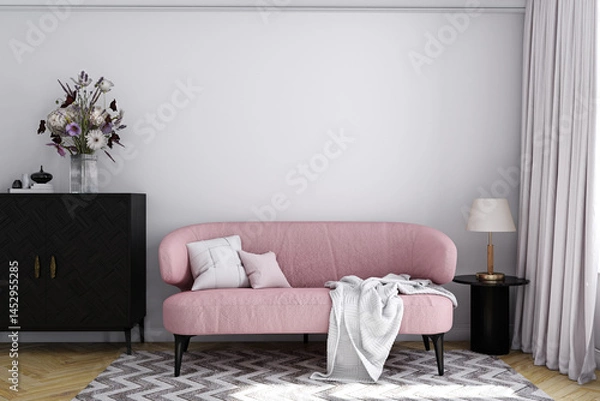 Fototapeta white wall in living room and pink sofa, 3d render