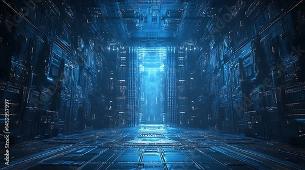 Fototapeta Stunning 3D digital castle with futuristic blue glow surrounded by fog and mystery image