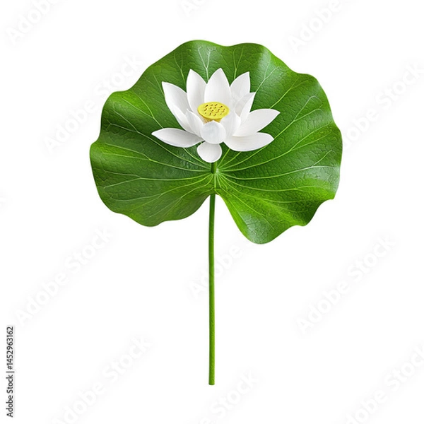 Fototapeta Lotus Flower on Pad: A pristine white lotus flower in full bloom atop a vibrant green pad, the stem elegantly extending downwards.