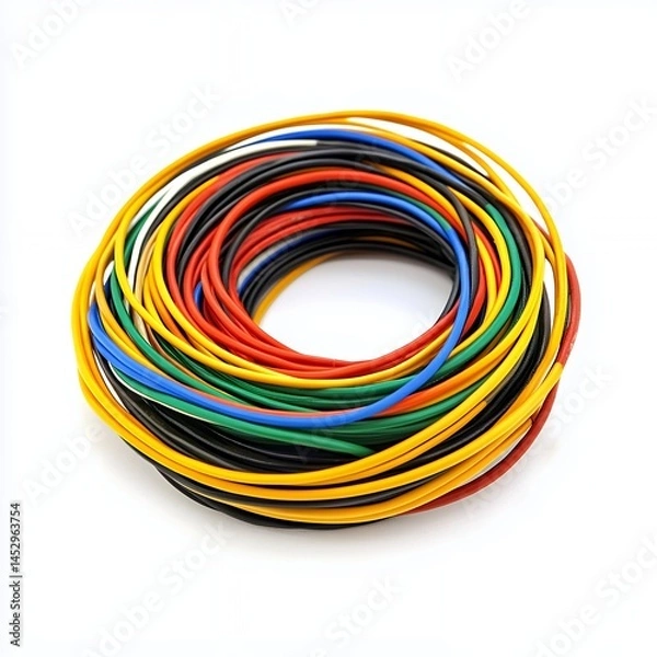 Fototapeta Colorful Electrical Wires in a Circular Coil on White Background