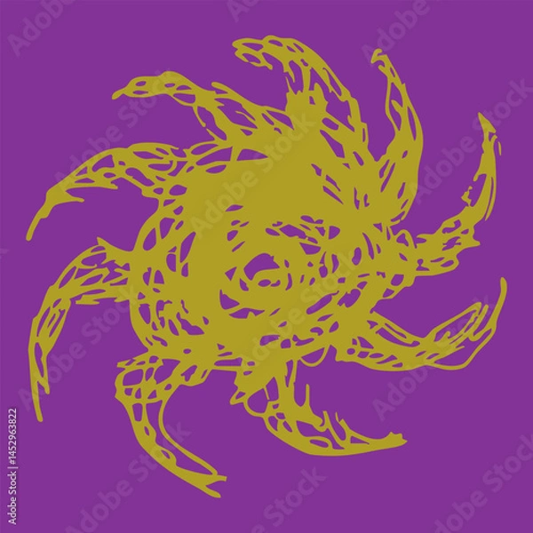 Fototapeta Abstract spiral shape. Dynamic vortex. Hand drawn linear doodle rough sketch. Yellow silhouette on purple background.