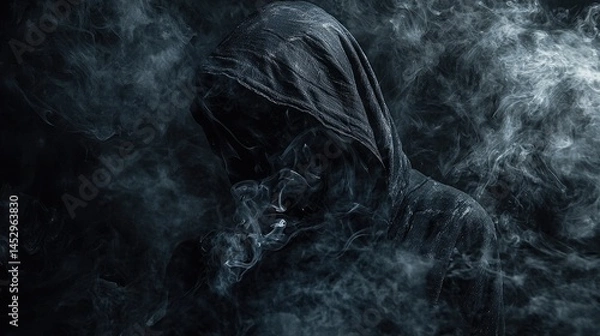 Fototapeta Mysterious figure shrouded in dark smoke and shadows.