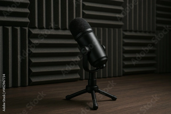 Fototapeta Modern black podcast microphone on a tripod, placed in front of acoustic foam panels. Clean and professional audio recording environment for voice or streaming.