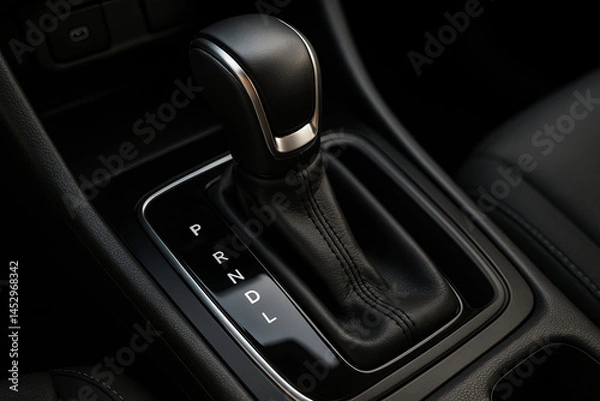 Fototapeta Close-up of automatic transmission gear lever (PRNDL) in a modern vehicle. Sleek, functional interior element for driving mode control and comfort.
