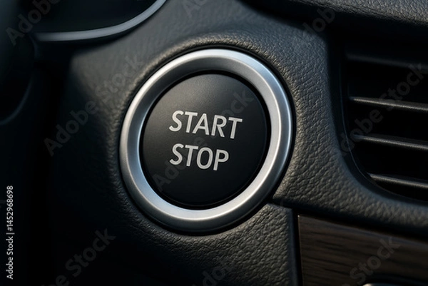 Fototapeta Modern car dashboard with a sleek start-stop ignition button, surrounded by leather trim. Symbol of automotive technology and convenience.