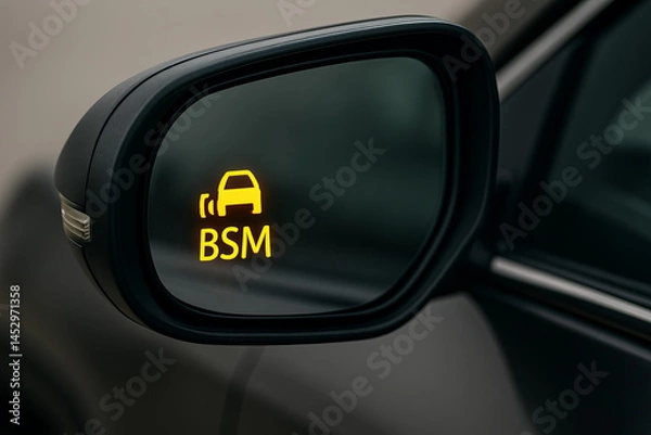 Fototapeta Close-up of a side mirror with illuminated BSM (Blind Spot Monitoring) alert icon, indicating vehicle presence in blind spot zone.