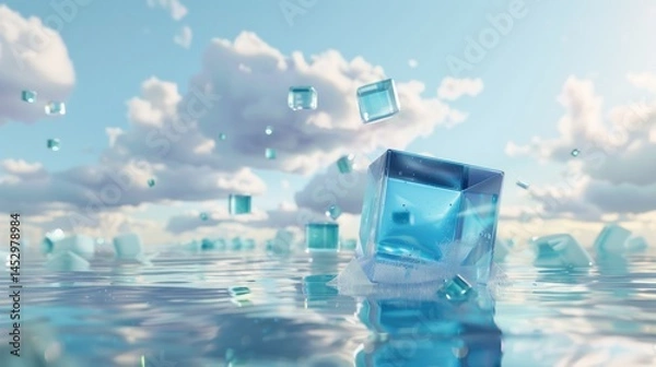 Fototapeta Beautiful ice cubes splash into clear water, creating a refreshing scene under a bright blue sky.