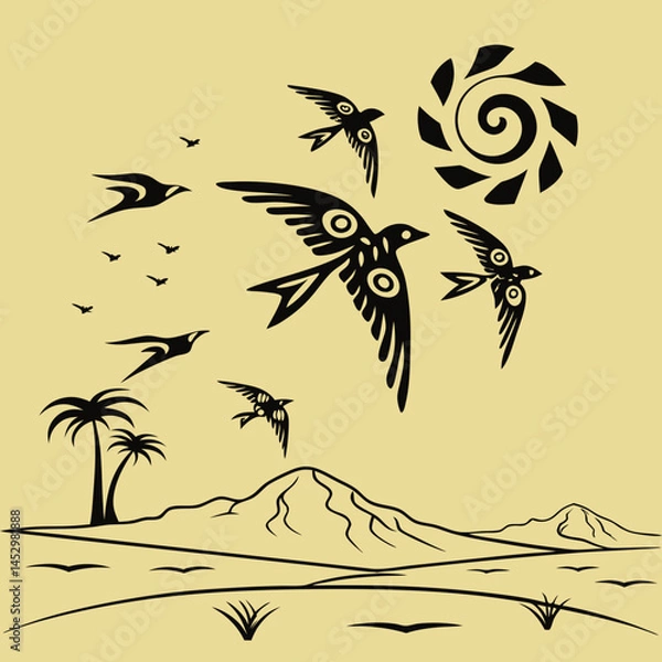 Obraz A vibrant tribal-style illustration of budgerigars soaring over a desert landscape, blending indigenous motifs with dynamic avian forms.