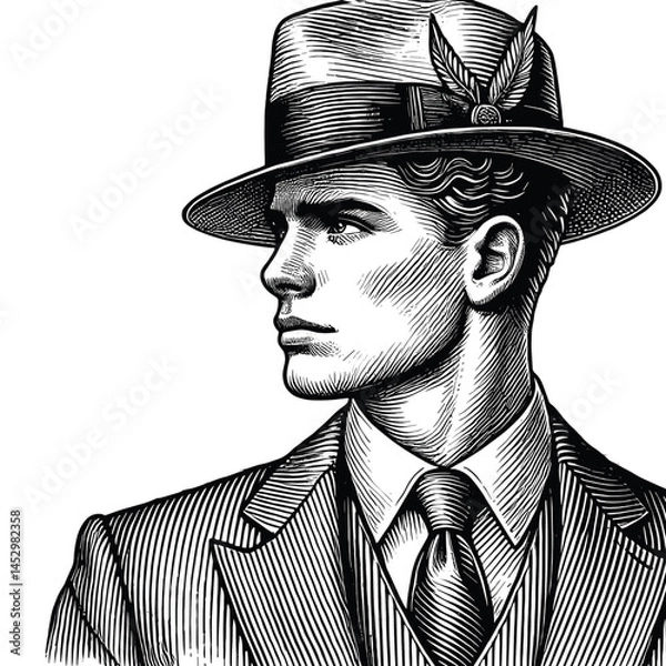 Obraz Black and White Engraving of a Dapper Man in Classic 1920s Attire with Fedora Hat, drawn in an engraved, woodcut style with fine details sketch engraving vector illustration. 