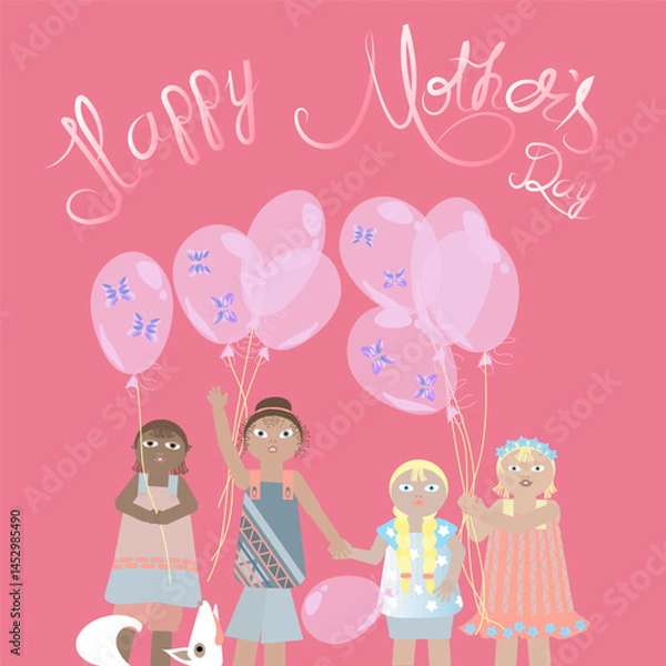 Fototapeta Mother s Day card with images of children and balloons
