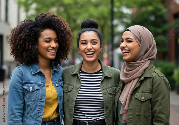 Fototapeta Three diverse young women laugh together outside on a city street, displaying friendship and joy in a natural, candid style with genuine expressions.