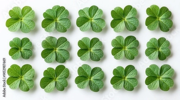 Obraz A vibrant arrangement of fresh green clover leaves on a clean white background, ideal for nature themes (1)
