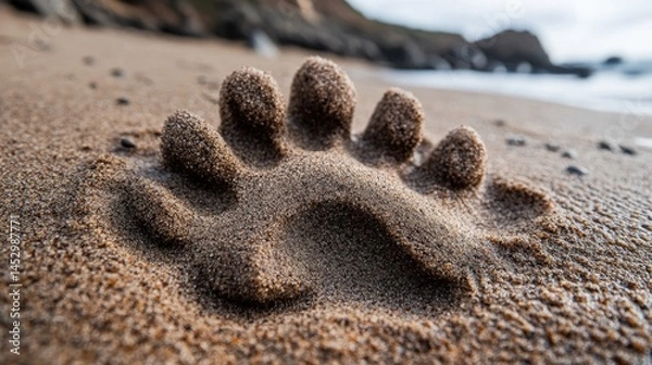 Fototapeta Close-up of a sandy paw print on a beach with waves gently lapping in the background