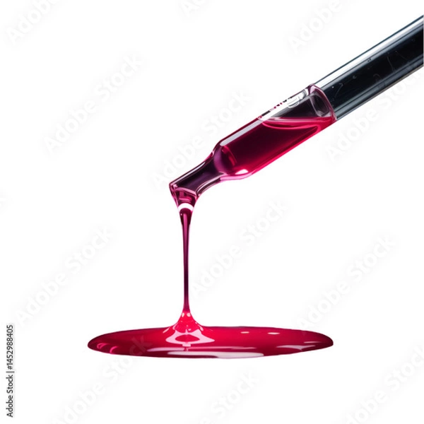 Fototapeta A close up of a pipette dripping a red liquid onto a black surface creating a small puddle below it