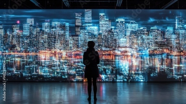 Obraz A silhouetted figure gazes at a vibrant city skyline illuminated at night, reflecting on water