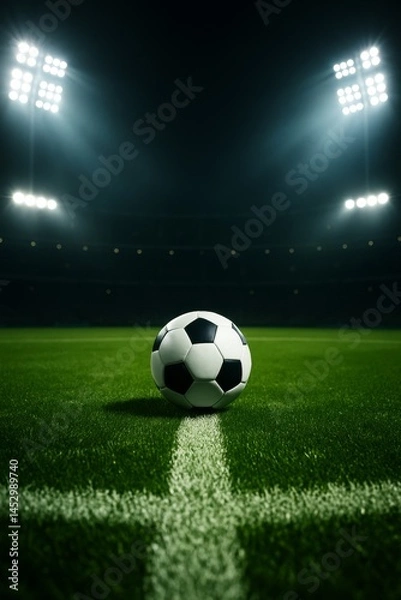 Fototapeta Bright Stadium Lights Illuminate a Soccer Ball on the Field During an Evening Match