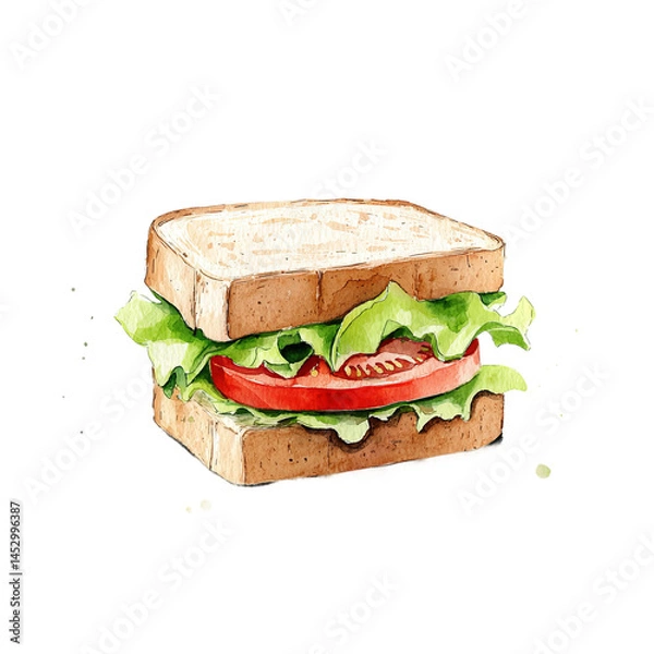 Fototapeta Freshly Made Sandwich: A delectable illustration of a sandwich, featuring layers of fresh tomato and vibrant lettuce nestled between toasted bread slices, capturing the essence of culinary simplicity.
