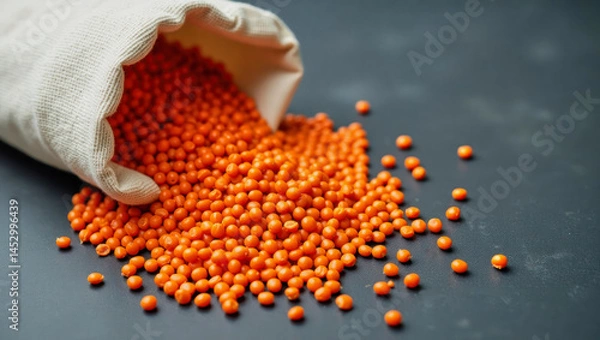 Fototapeta Bright orange lentils spill from a burlap sack on a dark surface in a kitchen setting during the afternoon