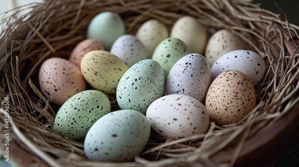 Fototapeta A basket full of eggs with different colors and patterns