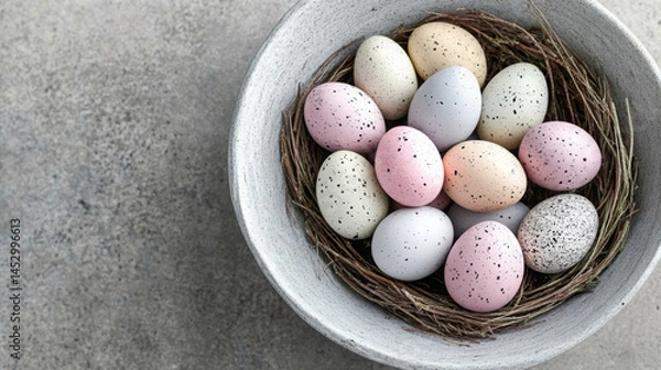 Fototapeta A bowl of eggs with different colors and a nest of twigs