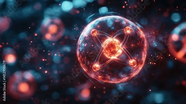 Fototapeta Abstract representation of an atom with glowing particles, showcasing scientific concepts in a vibrant background