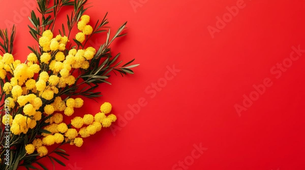 Fototapeta A red background with yellow flowers in the foreground