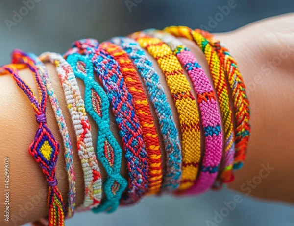 Fototapeta A person is wearing a variety of colorful bracelets on their wrist