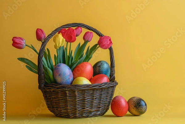 Fototapeta A basket of Easter eggs and flowers sits on a yellow background